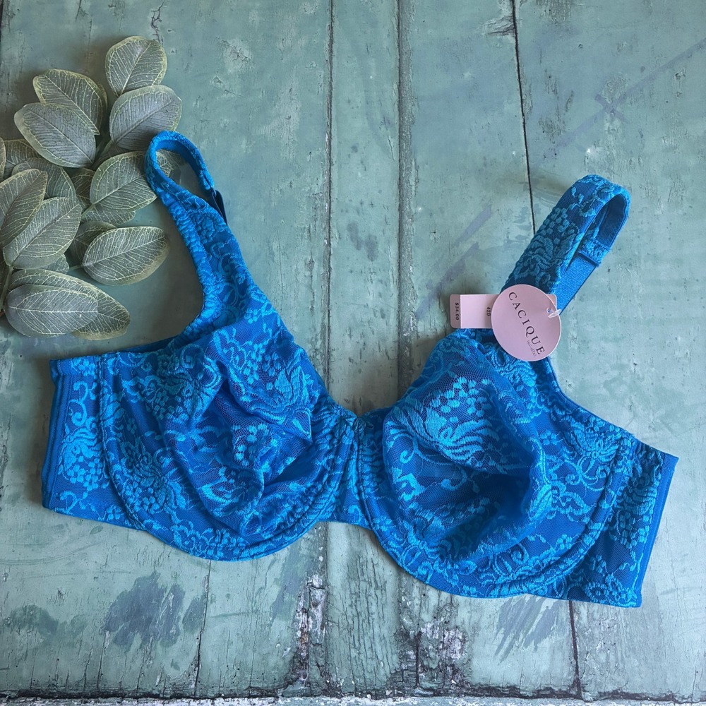 Cacique Blue Floral Lace Bra 42D Full Coverage NWT Underwire